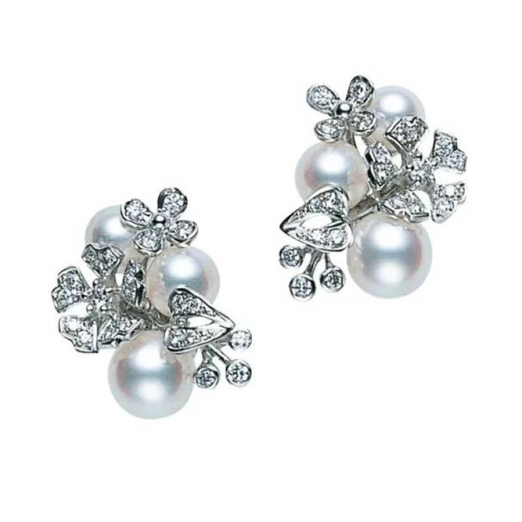 Mikimoto 18ct White Gold Akoya Pearl Diamond Floral Bouquet Stud Earrings - Gold