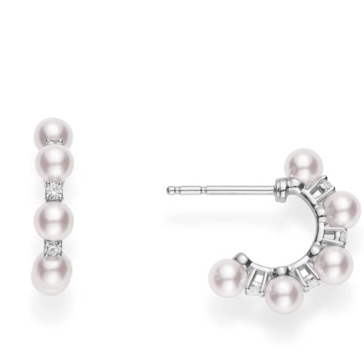 Mikimoto 18ct White Gold Akoya Pearl Diamond Hoop Earrings