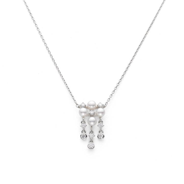 Mikimoto 18ct White Gold Diamond 3.25mm White Akoya Pearl Necklace D - White