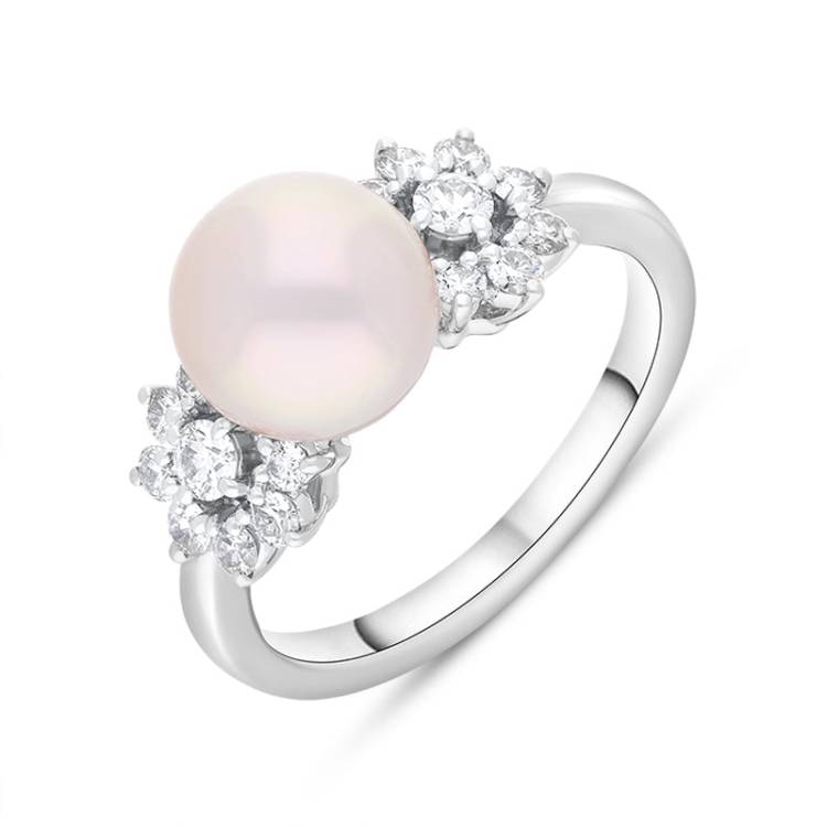 Mikimoto 18ct White Gold Diamond 8.5mm White Akoya Pearl Ring - 54