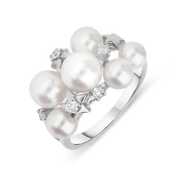 Mikimoto 18ct White Gold Diamond White Akoya Pearl Stars Ring - 54