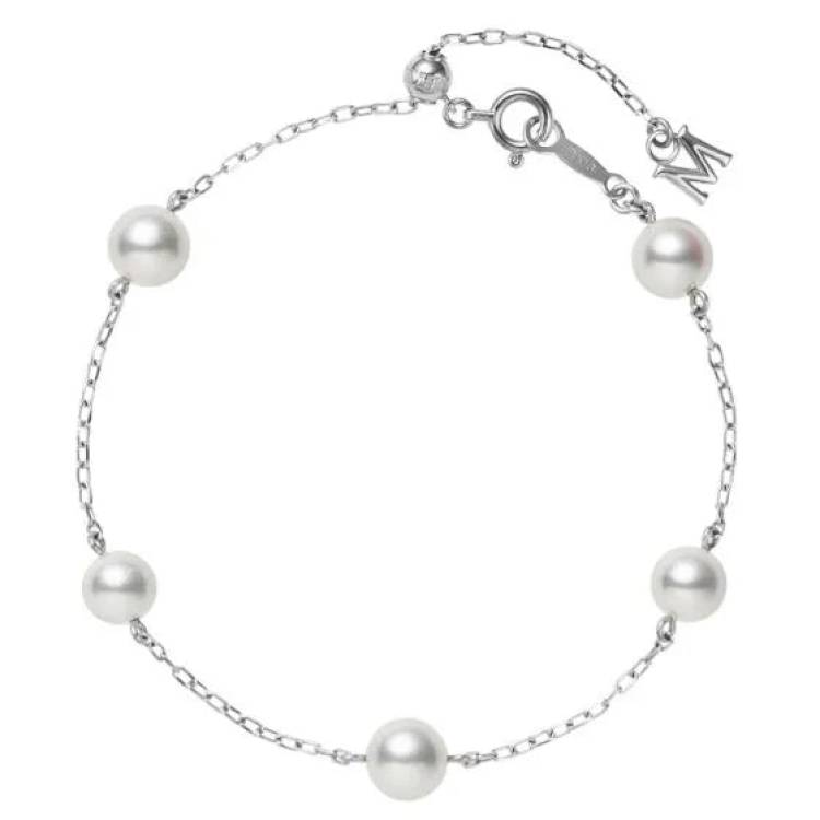 Mikimoto 18ct White Gold Five Akoya Pearls Adjustable Chain Bracelet