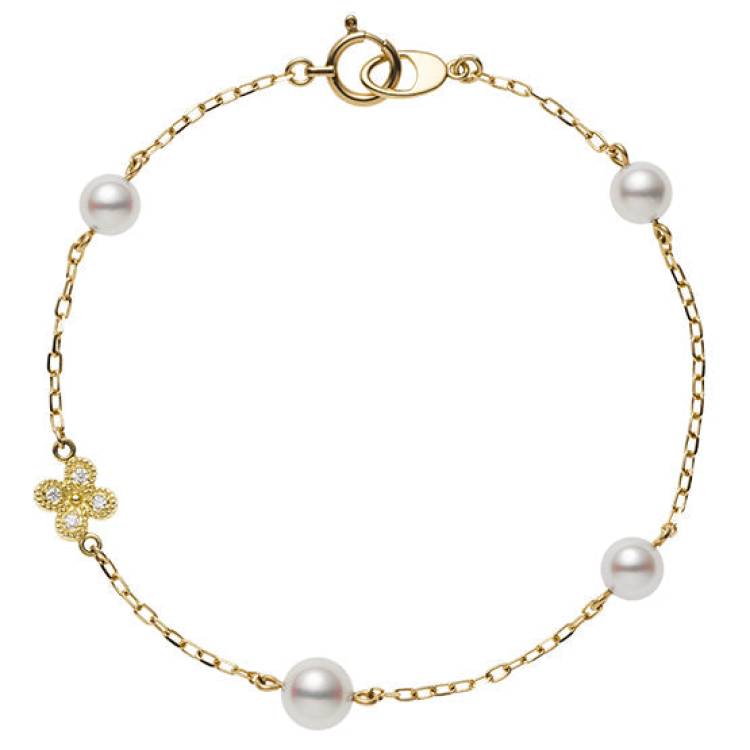 Mikimoto 18ct Yellow Gold White Akoya Pearl Diamond Flower Chain Bracelet - Yellow Gold