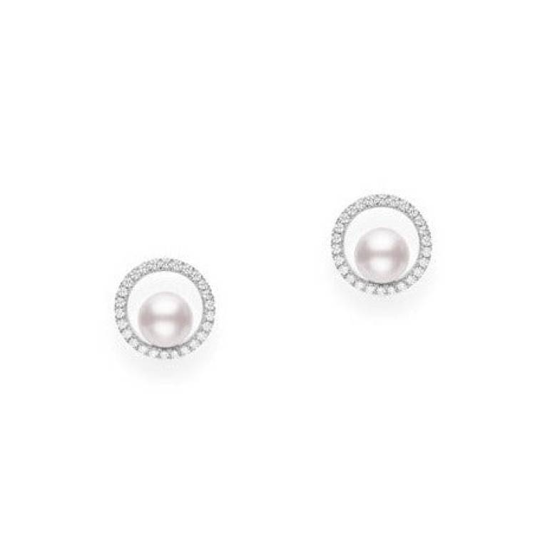 Mikimoto Circle 18ct White Gold Diamond 6mm White Akoya Pearl Stud Earrings - White Gold
