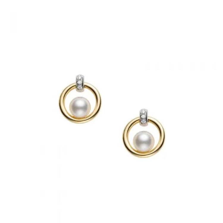 Mikimoto Circle 18ct White Yellow Gold Diamond 5.5mm White Akoya Pearl Stud Earrings - Yellow Gold
