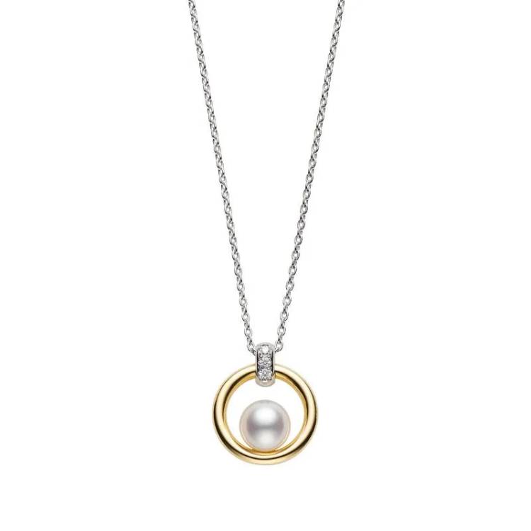 Mikimoto Circle 18ct White Yellow Gold Diamond 6mm White Akoya Pearl Pendant - White Gold