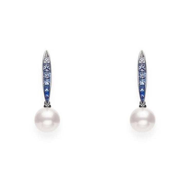Mikimoto Ocean 18ct White Gold Sapphire 8mm White A+ Akoya Pearl Earrings - White