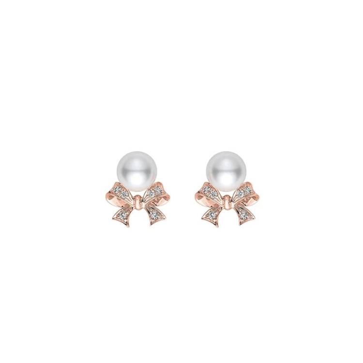 Mikimoto Ribbon 18ct Rose Gold Akoya Pearl Diamond Stud Earrings