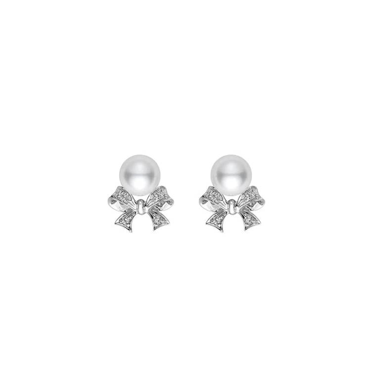 Mikimoto Ribbon 18ct White Gold Akoya Pearl Diamond Stud Earrings