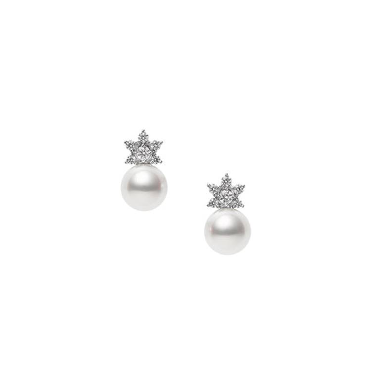 Mikimoto Star 18ct White Gold Diamond 8mm White Akoya Pearl Earrings - White