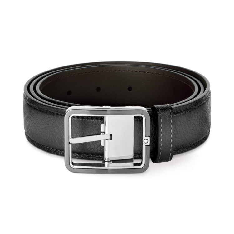 Montblanc 35mm Rectangular Frame Shiny Palladium Leather Belt Grey