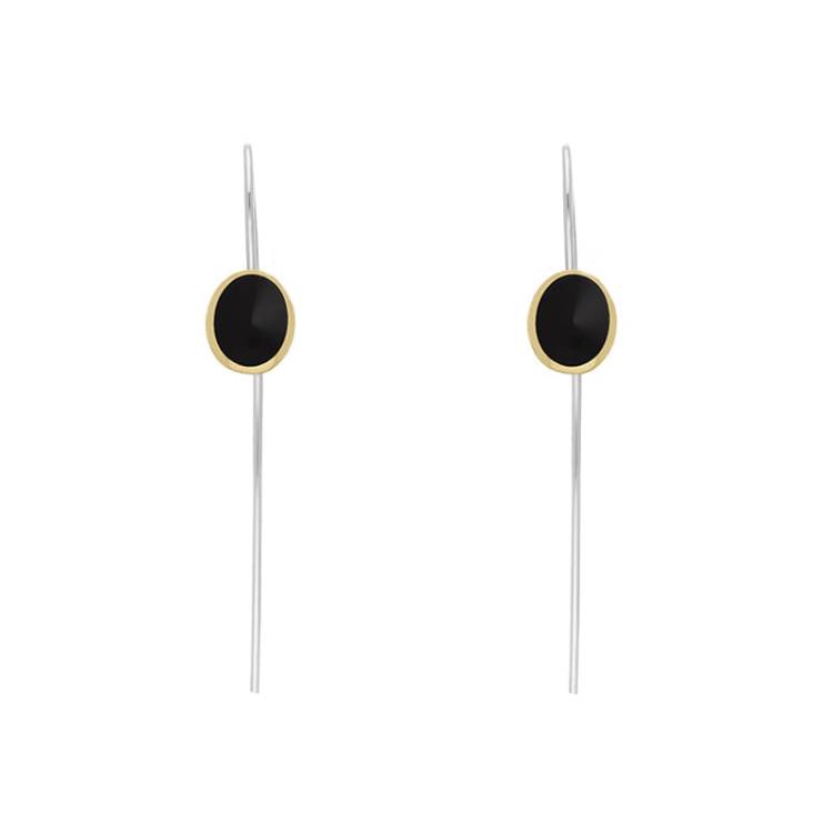 9ct Yellow Gold Sterling Silver Whitby Jet Stepping Stones 6x8mm Oval Hook Earrings
