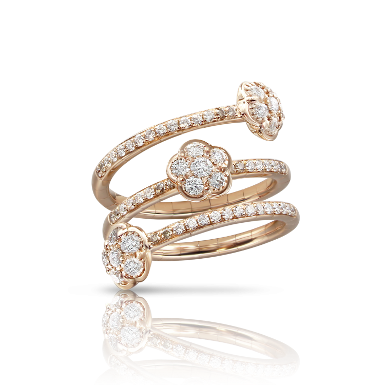 Pasquale Bruni Figlia Dei Fiori 18ct Rose Gold White and Champagne Diamond Three Flower Ring - 18-(58)