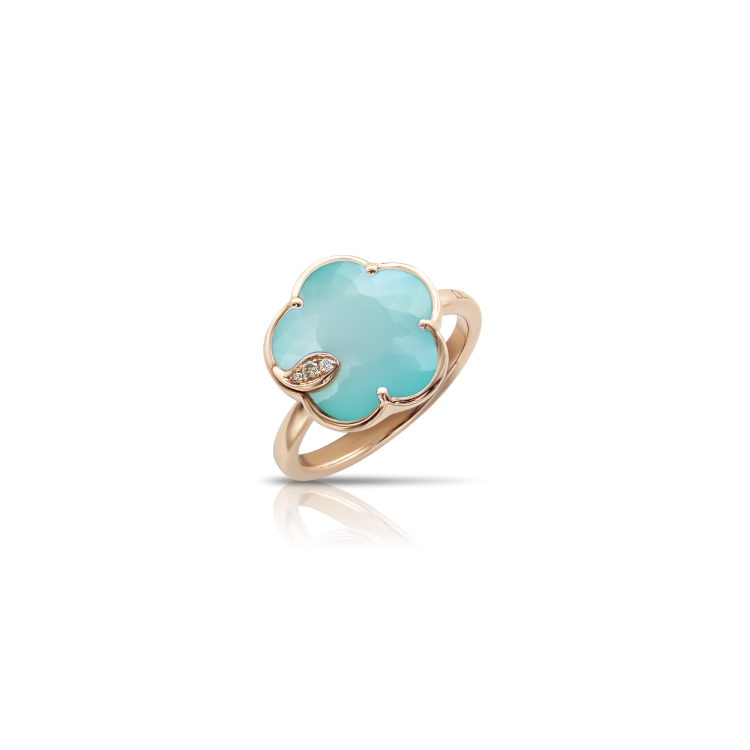 Pasquale Bruni Petit Joli 18ct Rose Gold Diamond Turquoise Moonstone Doublet Flower Ring - 14-(54)
