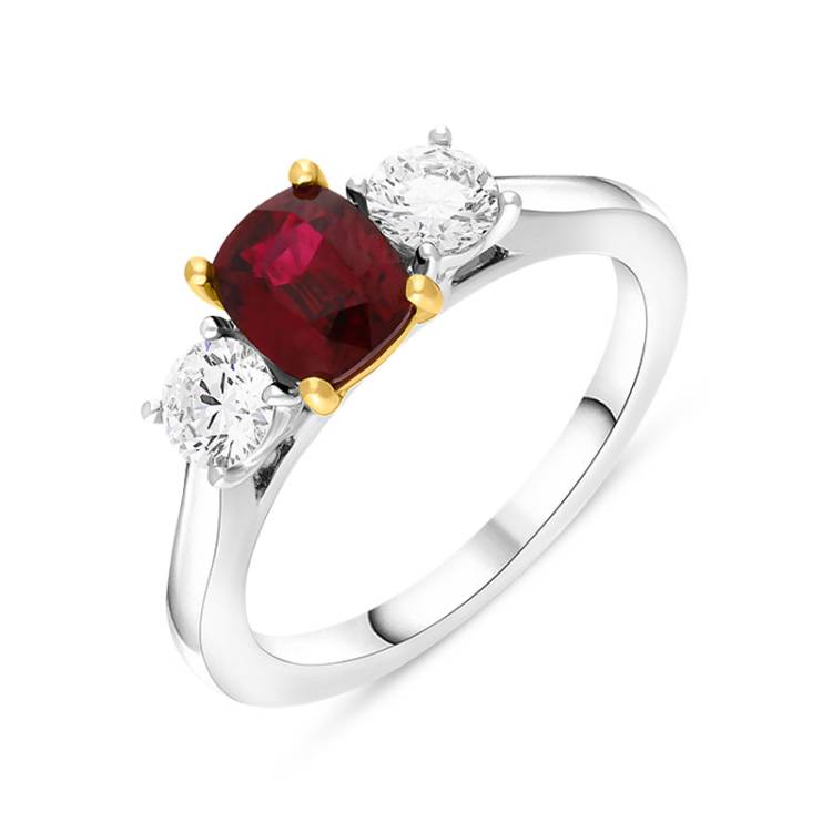 Platinum 1.06ct Ruby Diamond Cushion Cut Three Stone Ring - M.5