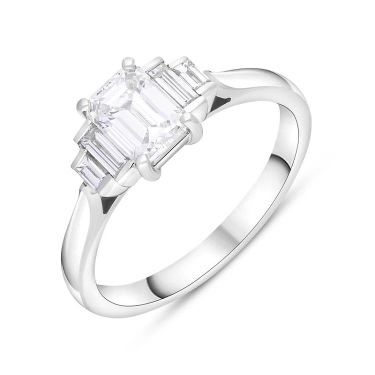Platinum Diamond GIA Certified Emerald and Baguette Cut Ring - N