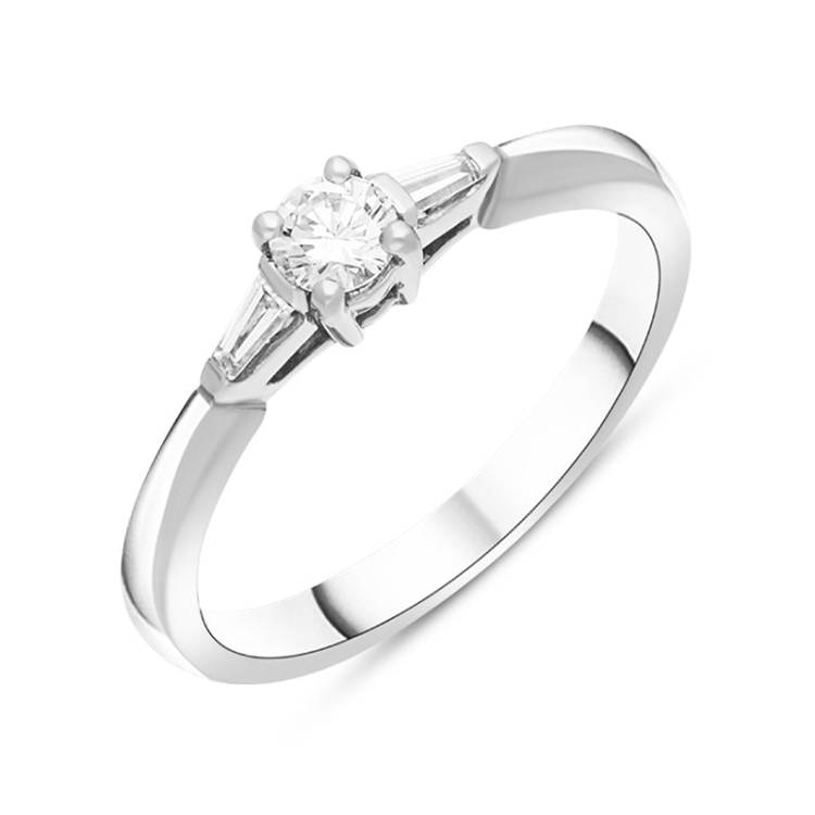 Platinum Diamond Round Brilliant Tapered Baguette Cut Three Stone Ring - Silver