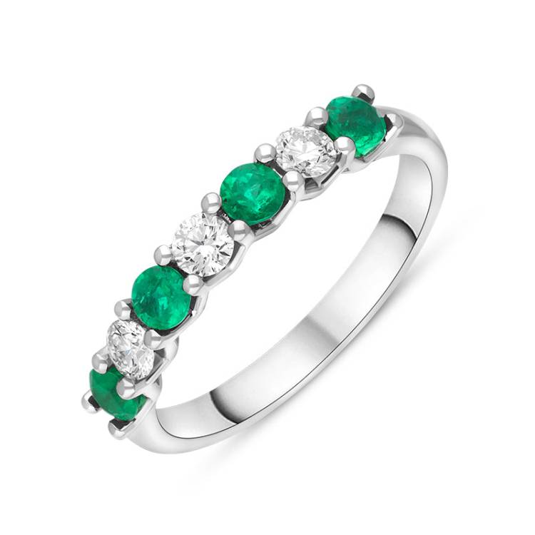 Platinum Emerald Diamond Seven Stone Claw Set Half Eternity Ring - Platinum