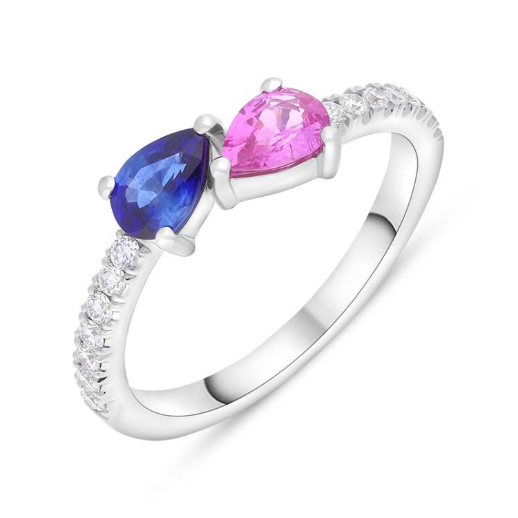 Platinum Pink and Blue Sapphire Diamond Shoulder Set Ring - M