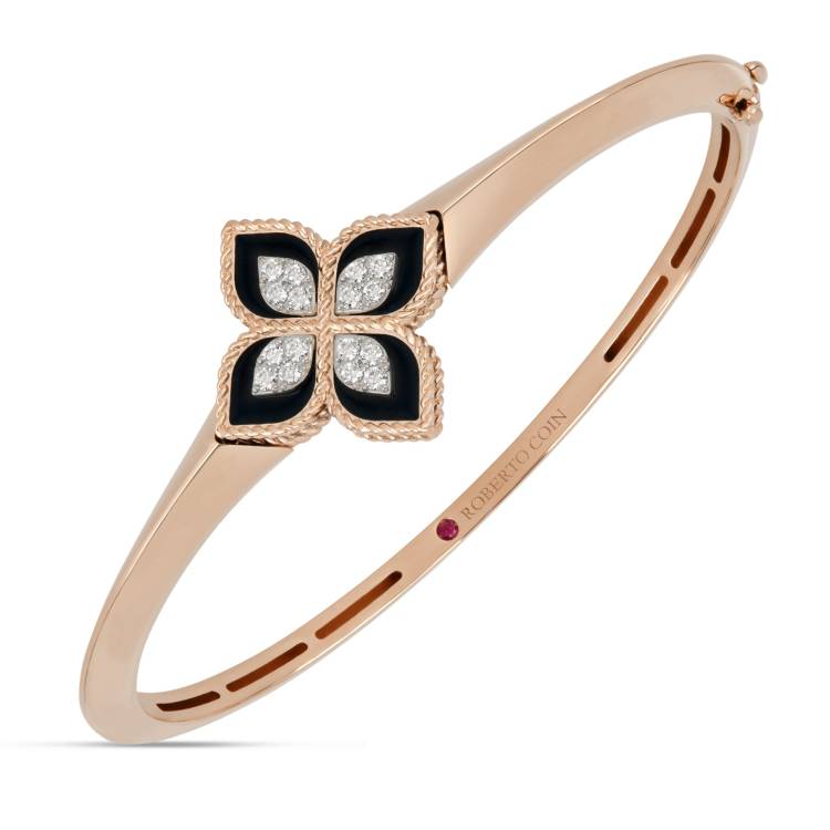 Roberto Coin Princess Flower 18ct Rose Gold Diamond Black Jade Bangle - Gold