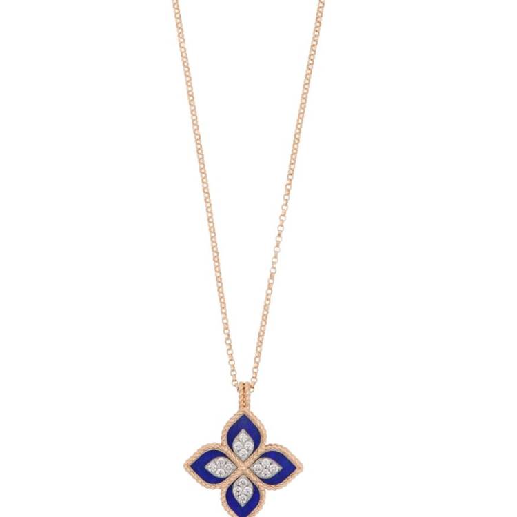 Roberto Coin Princess Flower 18ct Rose Gold Diamond Lapis Lazuli Necklace - Rose Gold