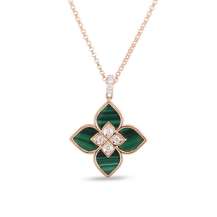 Roberto Coin Venetian Princess 18ct Rose Gold Diamond Malachite Necklace - Rose Gold