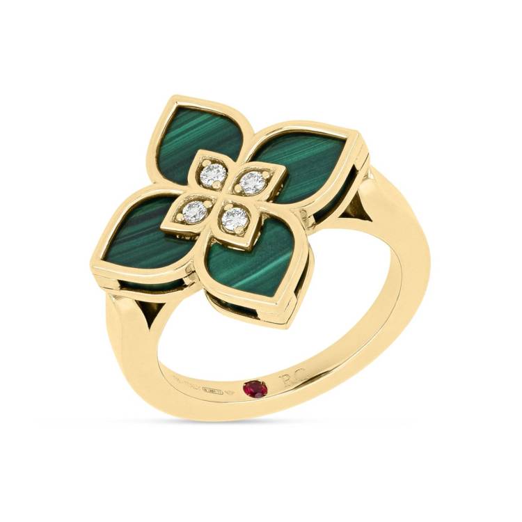 Roberto Coin Venetian Princess 18ct Yellow Gold Diamond Malachite Ring - 18-(58)