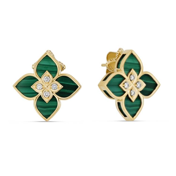 Roberto Coin Venetian Princess 18ct Yellow Gold Diamond Malachite Stud Earrings - Gold