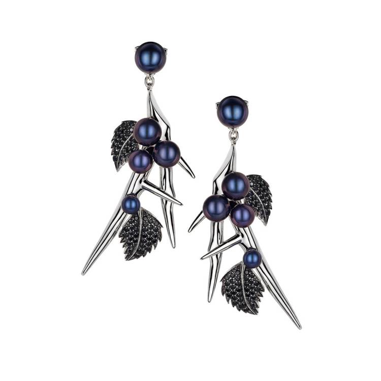 Shaun Leane Blackthorn Sterling Silver Black Spinel Pearl Drop Leaf Earrings - Silver