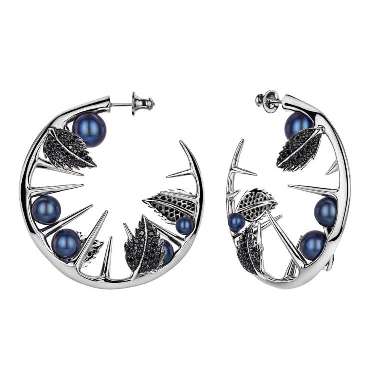 Shaun Leane Blackthorn Sterling Silver Black Spinel Pearl Leaf Hoop Earrings - Silver