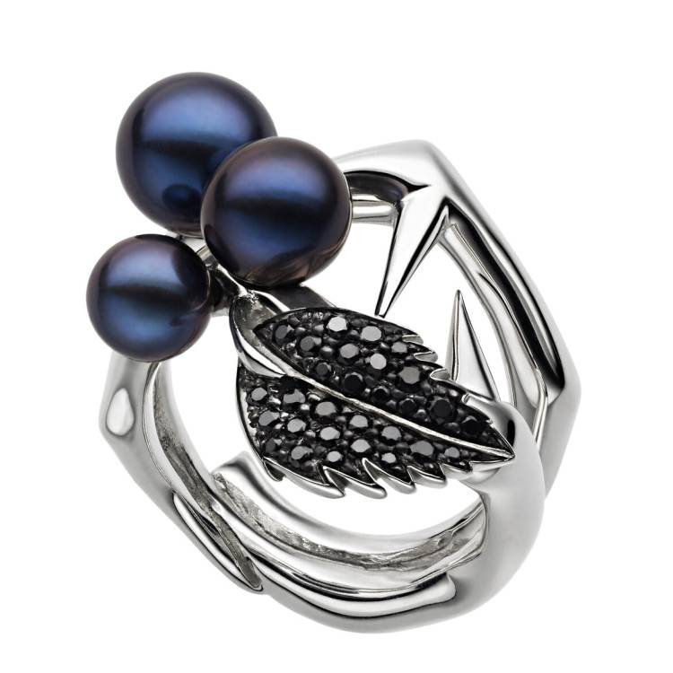 Shaun Leane Blackthorn Sterling Silver Black Spinel Pearl Leaf Ring - M