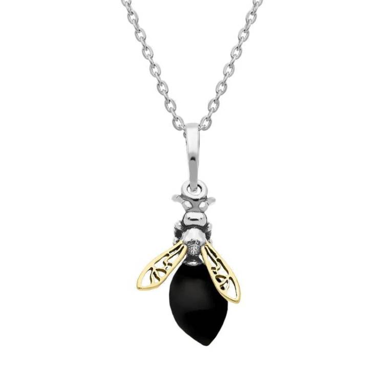 Yellow Gold Plated Sterling Silver Whitby Jet Bee Necklace - Silver