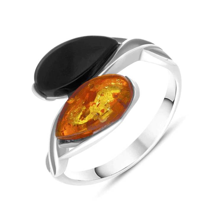 Silver Amber Whitby Jet Double Pear Celtic Ring - Silver