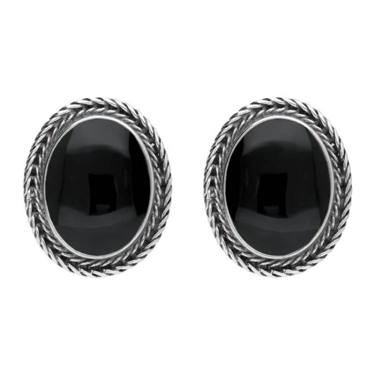 Sterling Silver Whitby Jet Foxtail Large Oval Stud Earrings D