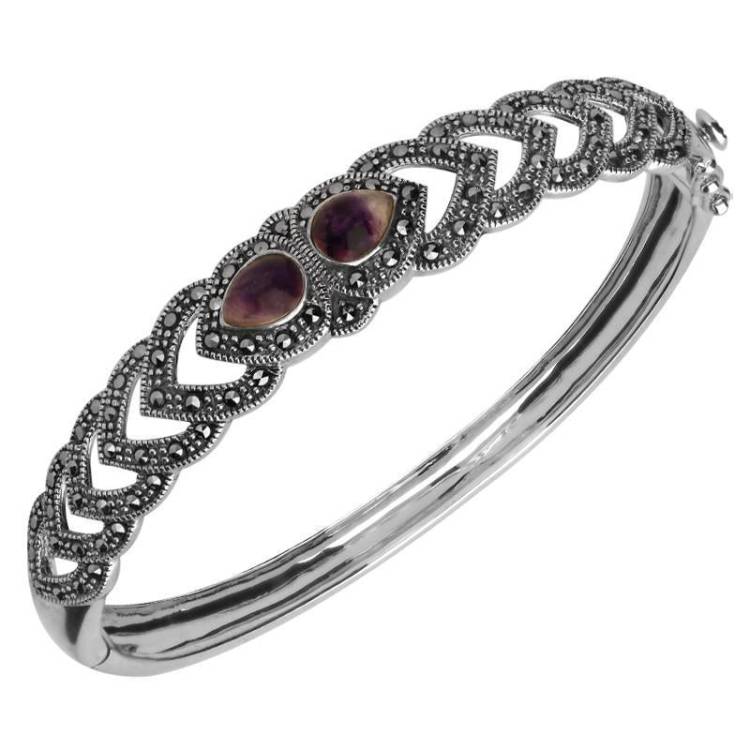 Sterling Silver Blue John Marcasite Two Stone Pear Bangle - Silver