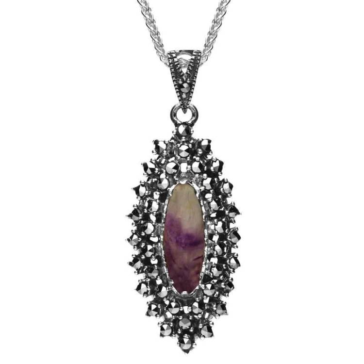 Sterling Silver Blue John Marcasite Double Stone Row Necklace - Silver