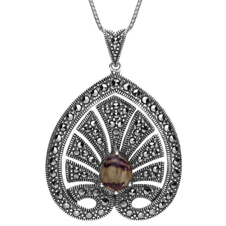 Sterling Silver Blue John Marcasite House Style Large Leaf Necklace - Silver