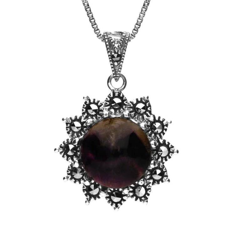 Sterling Silver Blue John Marcasite Round Beaded Point Edge Necklace - Silver