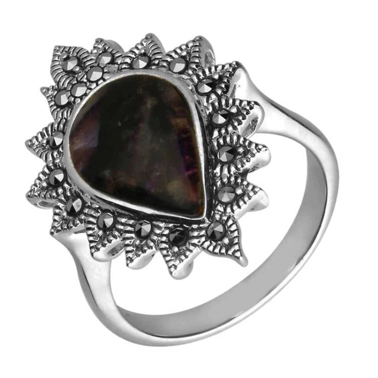 Sterling Silver Blue John Marcasite Pear Beaded Edge Ring - Option1 Value Silver