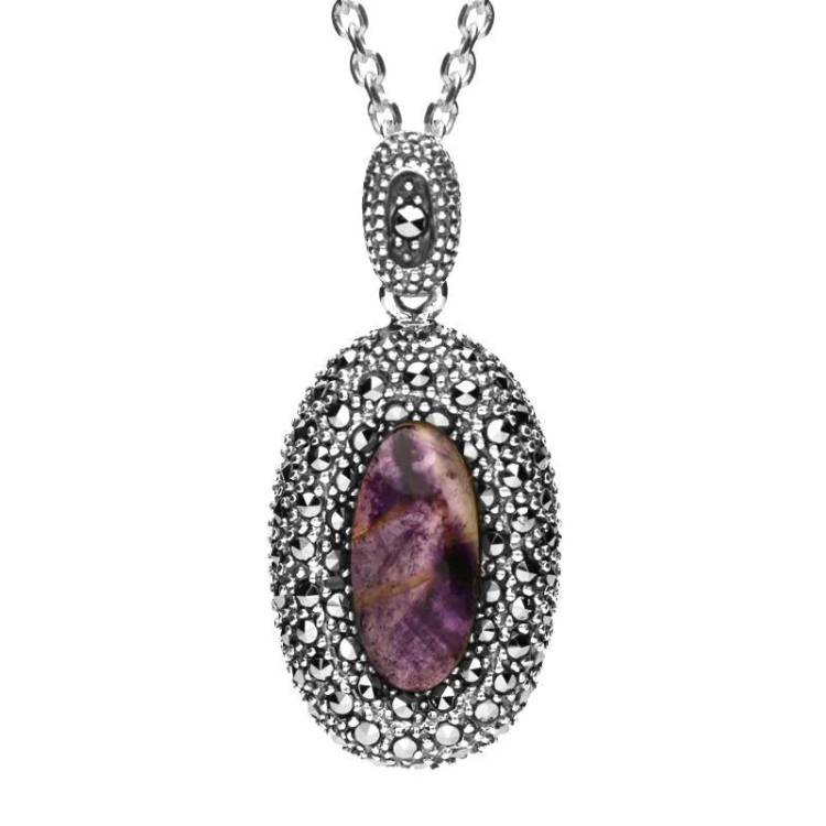 Sterling Silver Blue John Marcasite Rounded Edge Oval Necklace - Option1 Value Silver