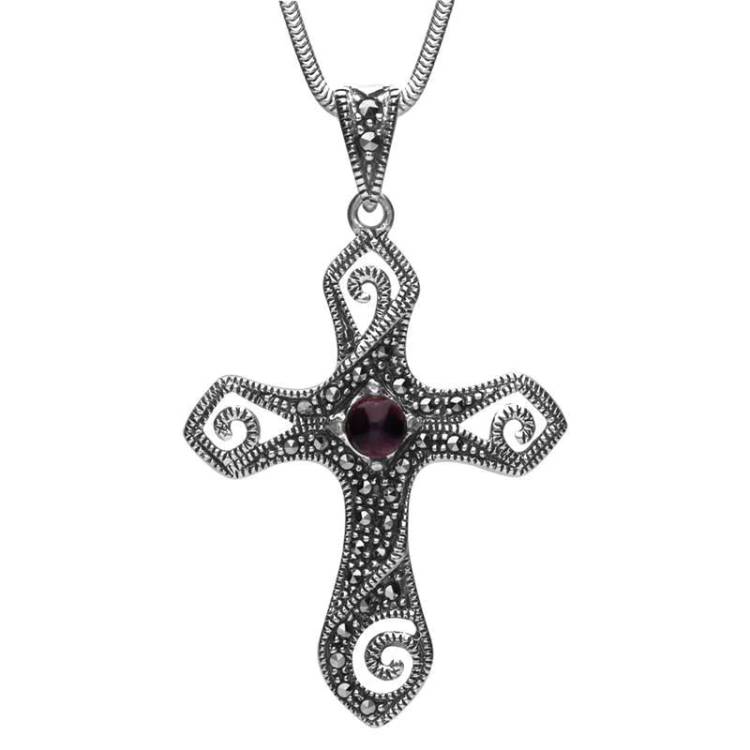 Sterling Silver Blue John Marcasite Swirl Cross Necklace - Silver