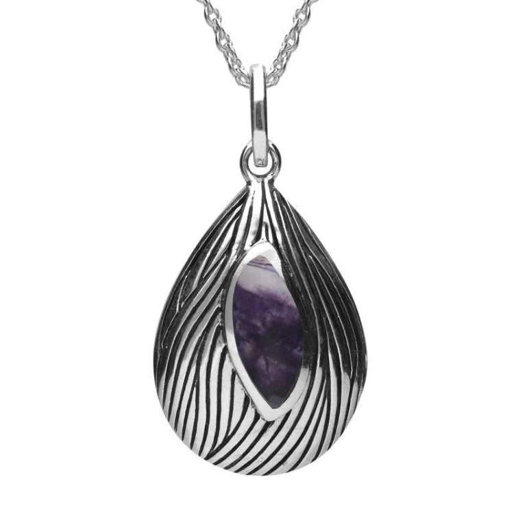 Sterling Silver Blue John Marquise Wave Wood Effect Necklace - Silver