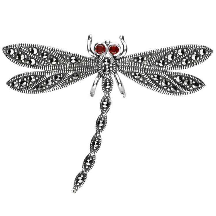 Sterling Silver Marcasite Garnet House Style Dragonfly Brooch - Silver