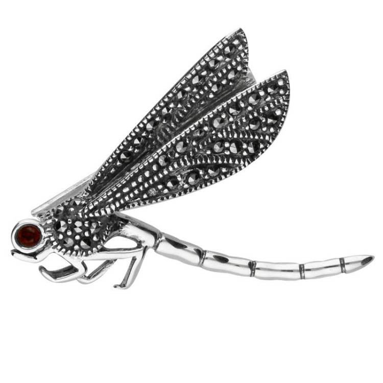 Sterling Silver Marcasite Garnet House Style Flying Dragonfly Brooch - Silver