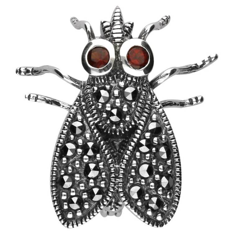 Sterling Silver Marcasite Garnet House Style Fly Brooch - Silver