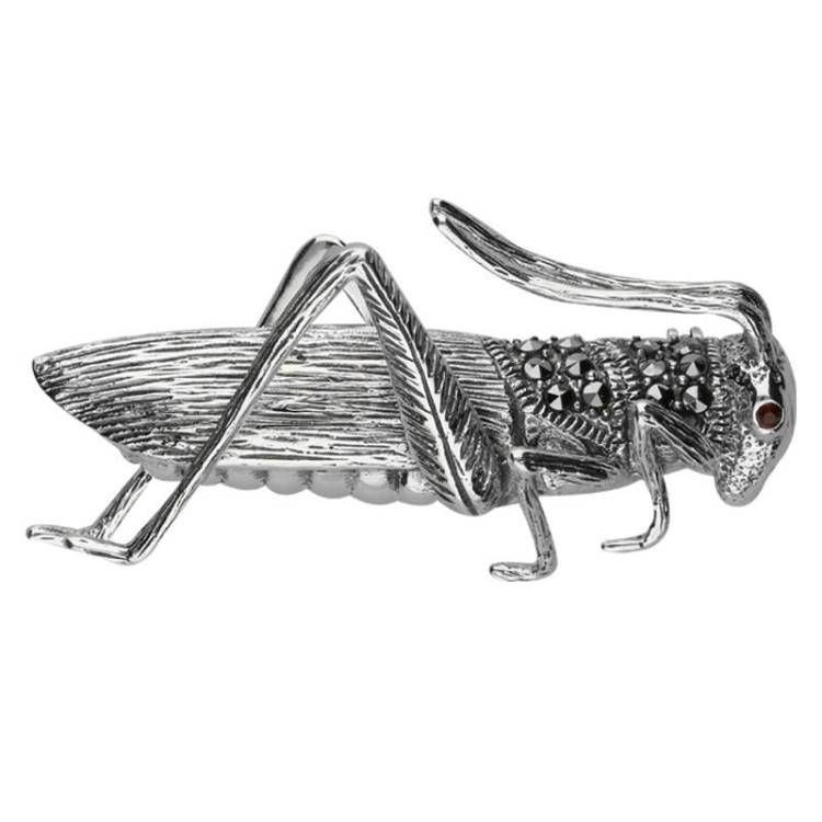 Sterling Silver Marcasite Garnet House Style Grasshopper Brooch - Silver