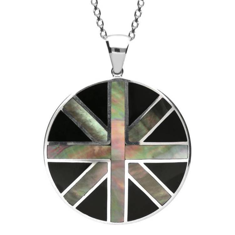 Sterling Silver Whitby Jet and Dark Mother of Pearl Large Round Union Jack Necklace