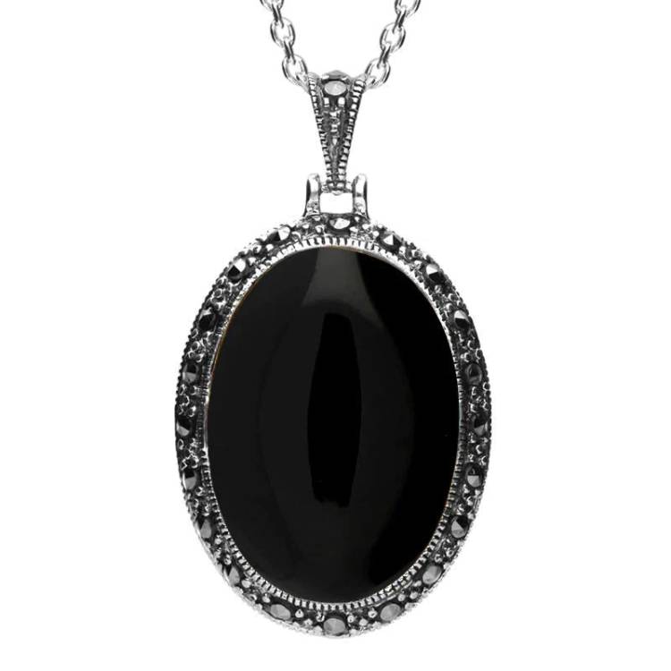 Sterling Silver Whitby Jet Marcasite Oval Star Back Necklace - Silver