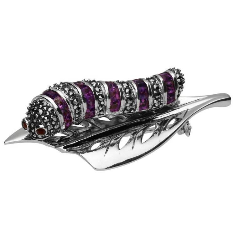 Sterling Silver Marcasite Amethyst Garnet House Style Caterpillar Leaf Brooch - Silver