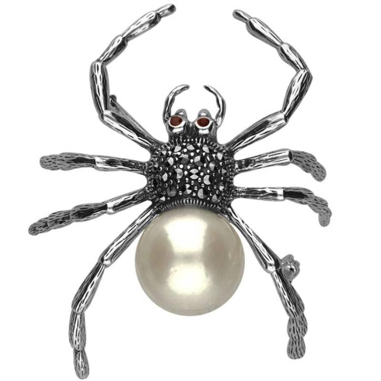Sterling Silver Marcasite Pearl Garnet House Style Large Spider Brooch - Silver